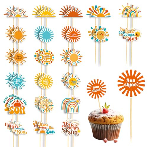 46 Stück Here Comes The SunCupcake Topper, 23 Muster mit Sonnen Cupcake Toppern Here Comes The SonCupcake Topper für Geburtstagspartys mit Sonnenthema Babyparty Dekoration