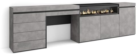 Skraut Home | Aparador | con Almacenamiento | 277x75x35 cm | Dormitorio, habitación | Chimenea eléctrica | Cómoda, Cajonera | Tocador | Estilo Moderno | Cemento
