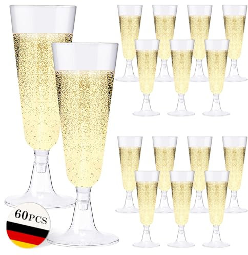 60 Flute da Champagne Eleganti in Plastica, 160ml, Calici Rigidi, Bicchieri Trasparenti Per Vino, Feste, Matrimoni, Compleanni