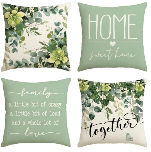 Artoid Mode Family Love Eukalyptus Blätter Sommer Kissenbezüge 4er Set, 40x40 cm Frühling Home Sweet Home Zierkissenbezug Cushion Cover Deko