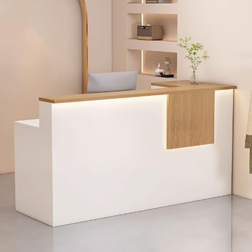 GUQASDV Empfangstheke Rezeption, Reception Desk Modern, Empfangstresen für Praxis, Reception Theke mit Stauraum mit Sanfter Beleuchtung für Schönheitssalons(White+Natural,100cm)