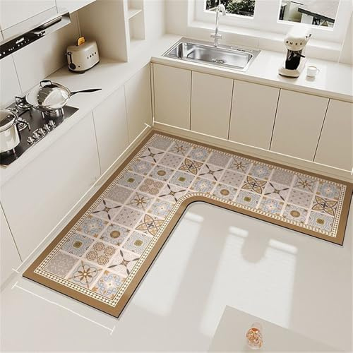 Treer Alfombra Cocina en Forma de L, Diseño Moderno Alfombra de Barro de Diatomeas, Absorbebles Lavable Antideslizante, para Pasillo Piso, Comedor y Entrada (baldosa Ceramica,120x120x45cm)