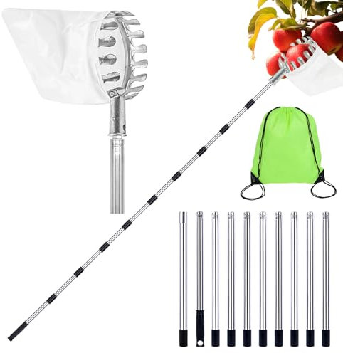 Spetsbst Raccogli frutta con manico telescopico, in acciaio inox, 4,2 m, raccogli mele, ciliegie, lunghezza regolabile, raccolta prugne, frutta con sacchetto di cotone
