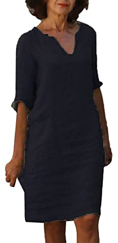 Robe Vintage Femme Coton Et Lin- Robe Grande Taille Manches 3/4 Col en V De Couleur Solide RéTro-Taille Haute éPisséE Comfortable Chic Et éLéGants Classiques Baggy Chemise Dress