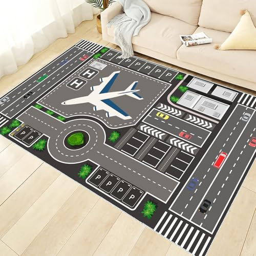 VHCLYBJU Kinder spielteppich Spielmatte mit Flughafenmuster Jungen & Teppich Lernbereich Teppich Pädagogischer Antirutsch für Kinderzimmer (120x180cm)