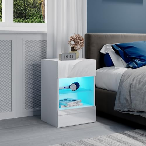 Bedside Cabinet Charging Station, Bedroom Bedside Cabinet, White Led Bedside Table, 2 Drawers with High Gloss Front, 42x35x62 cm