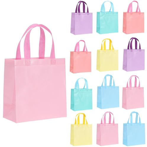 Geschenktüten Set 12 STK Geschenktaschen Kindergeburtstag Kleine Tüten Unifarben Bunt Taschen Geschenktaschen mit Stoffhenkel für Kinder Mädchen Einhorn Party Deko Pastell Dekoration 28 x 22 x 11 cm