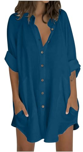 Chemisier Femme Chic Et Élégant Chemise en Lin Respirant Haut Décontracté Couleur Unie Chemisiers Et Blouses T Shirt Manche Longue Grande Taille Tunique Longue Blouse Warehouse Occasion Bleu XL