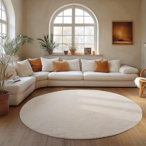 Carpettex Teppich Rund 120 cm Creme Einfarbig Bouclé Schlingenflor Skandi Stil Modern Weich Strapazierfähig Pflegeleicht runder Teppich für Wohnzimmer Esszimmer Schlafzimmer