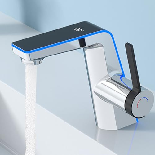 Behogan Wasserhahn Bad mit LED-Temperaturanzeige Badarmatur, Waschtischarmatur aus Messing, Mischbatterie Armatur für Badezimmer mit Auslauf Höhe 130mm, Elektroplattierte Silberfarbe