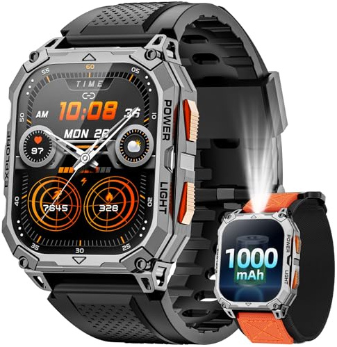 Karchilor Military Smart Watches for Men, 2.01 HD Smartwatch with 1000 mAh Battery/2 Straps/Answer/Make Call/Led Flashlight/Heart Rate/Sleep Monitor, 100+ Sport Modes for Android/iPhone (Black)