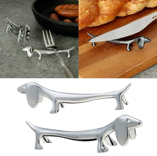 Lanmijia 2 Stücke Essstäbchen Halter, 9x2.5cm Messerbank Dackel, Metall Hunde EssstäBchen Halter, Edelstahl Messerbänkchen und Besteck Ständer für Tischdeko Für Tisch, Hund Form Besteckhalter Dinner