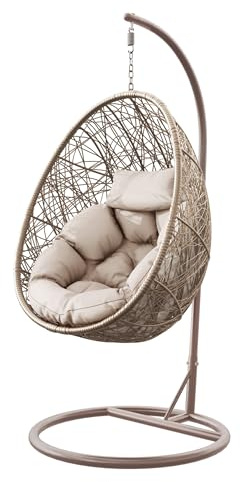 Mirjan24 Hängesessel mit Gestell und Kissen Bordia, Hängestuhl mit Rückenkissen, Hängesitz, Hängekorb, Stahlskelett, Indoor & Outdoor (beige/Kissen: beige)