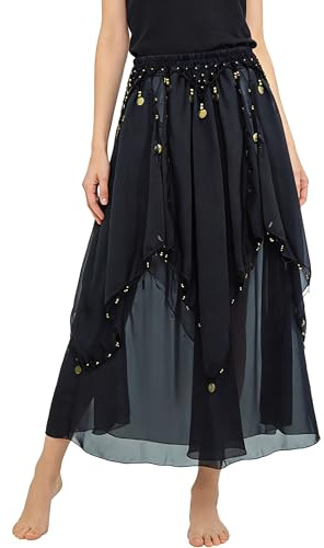 Baisdan Belly Dance Skirt with Gold Coins Chiffon Dance Skirt Belly Dance Halloween Rave Outfit