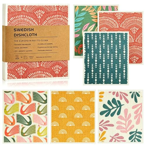Swedish Dishcloth Set of 6, Reusable Kitchen Dish Rags for Cleaning, Absorbent & Quick Drying Dish Towels, Biodegradable Kitchen Rags, No Odor Washable Cellulose Sponge Cloths (Vintage Floral)