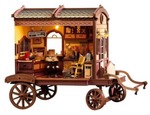 kowaku Maquette Roulotte avec LED Éclairé Maquette Maison en Bois Chaleureux Modèle à Assembler pour Adultes, Bureau