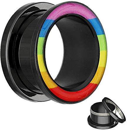Treuheld® | Motiv Flesh Tunnel - bunter Regenbogen - 12 Größen: 2mm - 20mm - Rainbow Tunnel zum Schrauben - Piercing Ohr Plug aus schwarzem Chirurgenstahl (Edelstahl) - Stahl Schwarz