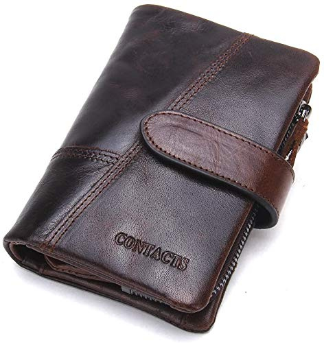 CONTACTS Portafoglio corto multifunzionale in pelle da uomo, portamonete da viaggio con cerniera bi-fold retrò, pochette portamonete per carte marrone (Marrone scuro)