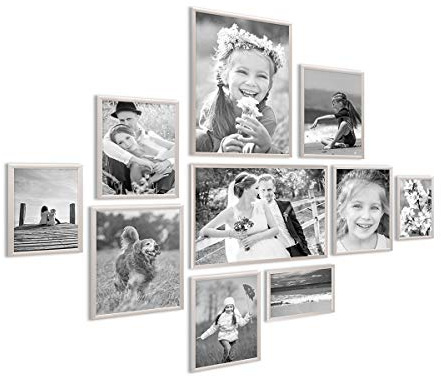 PHOTOLINI Alu-Bilderrahmen-Set Silber schmal, 10er Set Metall-Rahmen aus Aluminium, bruchsicheres Acrylglas, zum Aufhängen & Aufstellen, extra Zubehör, modernes Design für Poster & Fotos