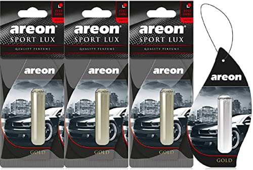 AREON Liquid Auto Duft Sport Lux Gold Autoduft Duftflakon Parfüm Flakon Lufterfrischer Aufhängen Hängend Anhänger Spiegel 5ml Schwarz 3D Set (Pack x 3)
