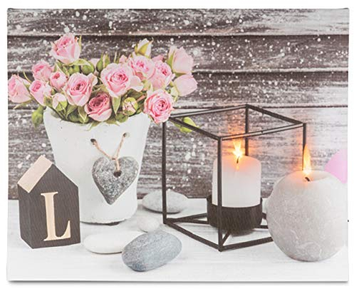 Nexos Trading LED Wandbild Leinwandbild mit Beleuchtung Fotodruck Love 40 x 50 cm Kunstdruck Leuchtbild Landhaus Vintage-Stil flackernde Kerzen Shabby Chick Hütte