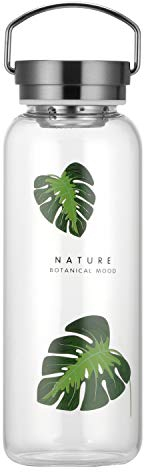 Gulujoy Glass Water Bottle 1 Litre Wide Mouth with Sleeve, Leak Proof Drinking Bottle for Hot Cold Drinks Fridge Home Travel