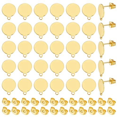 UNICRAFTALE 50 Stk Ohrstecker Rohling Mit Ohrring Verschluss Flache Runde DIY Ohrring Zubehör Edelstahl Ohrringe Basteln Goldene Ohrring Haken Für Ohrringe Schmuckherstellung 0.8 mm Stift
