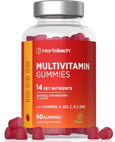 Multivitamin Gummies | 14 Vitamine und Mineralstoffen mit Jod, Vitamin C, A, D, E, Biotin, Zink & mehr | 60 Gummibärchen für Erwachsene | Natürliche mit Erdbeergeschmack | Horbaach