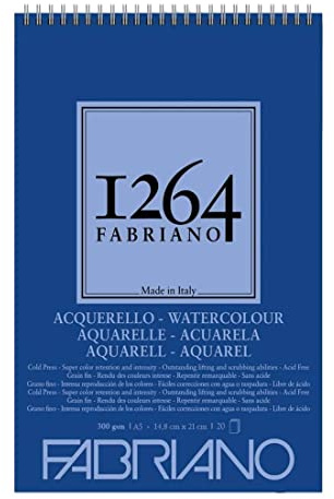 Fabriano Honsell 19100648 - Fabriano Watercolour Zeichenblock mit Spiralbindung 1264, 300 g/qm, DIN A5, 20 Blatt naturweißes, satiniertes Papier mit mittlerer Körnung, säurefrei, für alle Trockentechniken