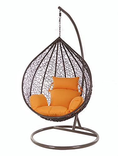 KIDEO® Komplettset: XXL Hängesessel mit Gestell & Kissen, Indoor & Outdoor, Poly-Rattan, braun, groß (Kissen: Nest orange [3030 Tangerine])