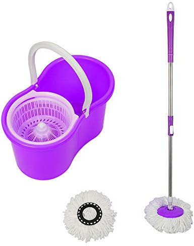 XUANYU Scopa mocio con corda, scopa a pavimento con secchio centrifuga, kit scopa con frange, completo (viola)