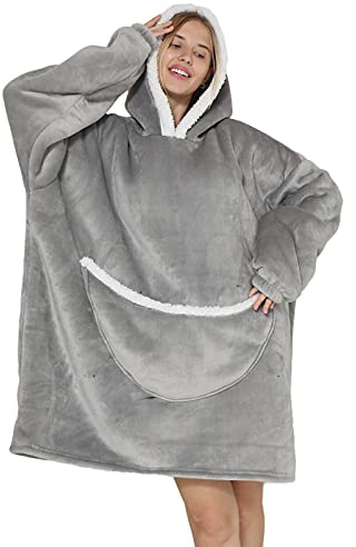 Överdimensionerad huvtröja i filt – Sherpa fleece, bärbar filt i unisexmodell, för vuxna kvinnor och män, fluffig, enorm, bekväm huvtröja, LJUSGRÅ, One size Stor tall