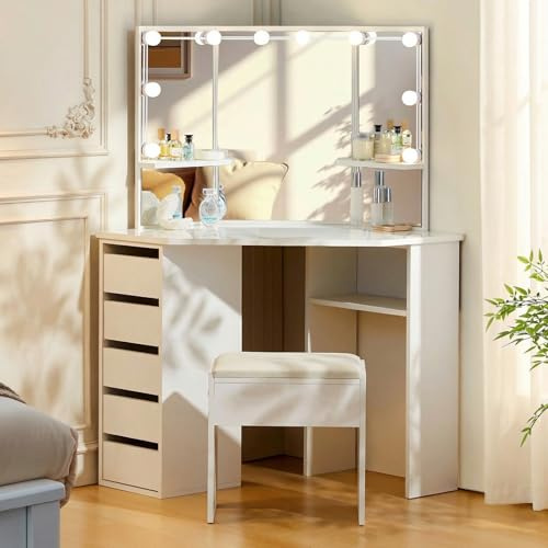 TUKAILAi Toeletta con Specchio Tre Lati, Toeletta da Trucco Moderno con Luci LED y Sgabello, Tavolo da Trucco Angolare Bianco con 5 Cassettis e 2 Mensole Aperte 114 * 61 * 140cm Camere da Letto