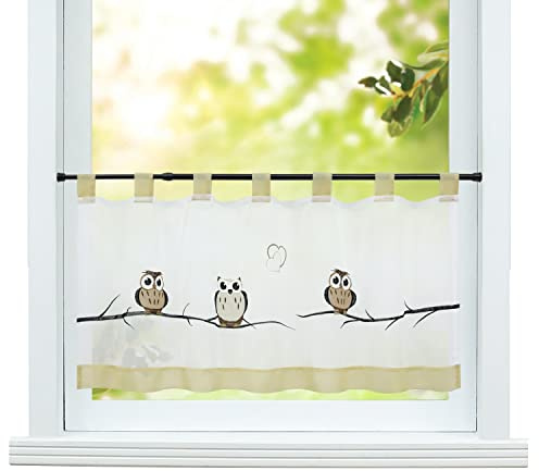 ESLIR Scheibengardine Landhaus Bistrogardine mit Schlaufen Küche Gardinen Transparent Vorhänge Voile Kurzgardine Bestickt Sand HxB 45x120cm 1 Stück