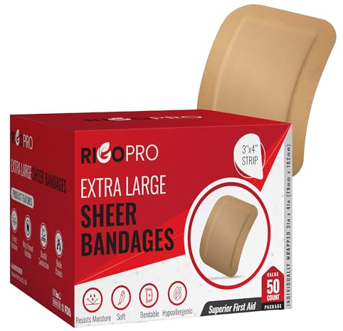 RIGO PRO - 50 Pack 3”x4” Extra Large Band Aids, Latex-Free Adhesive Bandages, Large Bandages for Wounds on Elbows, Knees, and More, Moisture-Wicking Wound Dressings
