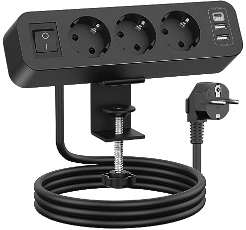 Prise de Table avec USB C, Prise Multiple 3 USB à 3 Voies avec Interrupteur, Multiprise de Bureau avec Câble 2M pour Bureau à Domicile. Noir