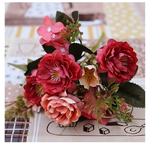 Fleurs Artificielles avec Vase Décoration Vintage en soie fleurs artificielles petite Rose mariage fausses fleurs Festival fournitures décor à la maison Bouquet Fleurs Artificielles Deco(Color:E)