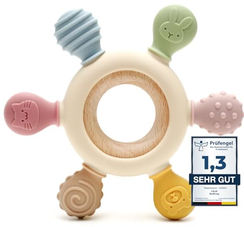 CAJA anneau de dentition bébé en silicone et bois jouet de dentition sans BPA motif animal cadeau naissance garçon fille prise facile