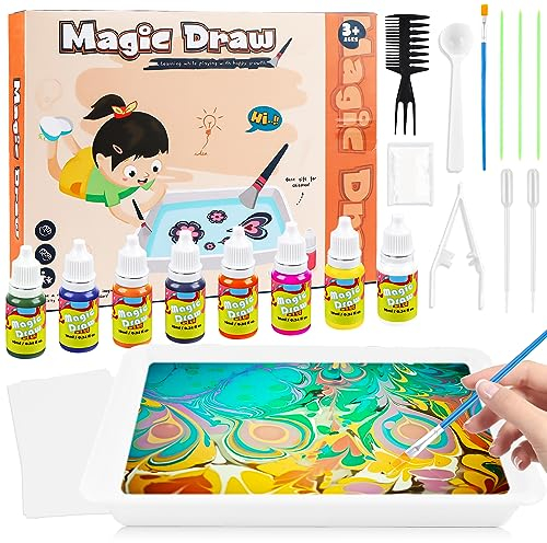 Wassermarmorierfarbe Bastelsets für Kinder mit 8 Flaschen Marmorierfarbe, Kreatives Kinderspielzeug ab 6 Jahre Geschenke für Mädchen und Jungen im Alter von 6-12 Jahren Marmorierfarbe Kinder