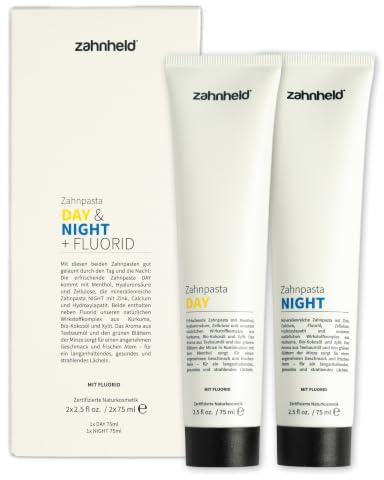 Zahnheld Day & Night Zahnpasta mit Fluorid, 2x 75ml, vegan, ohne Menthol | Zahncreme mit Hydroxylapatit, Remineralisierung & Kariesschutz, Zahnpflege für Mund, Zähne & Zahnfleisch, Minzgeschmack