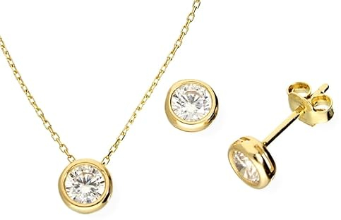 Echte 585 Gold Schmuckset/COLLIER + Ohrstecker mit Zirkonia, 42-45cm Lang, 14 Karat Gelbgold, inkl. ETUI