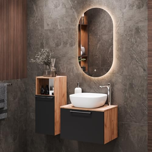 Planetmöbel Astra Badmöbel Set mit Waschtisch 60 cm | 1x Midischrank, Gold Eiche Anthrazit, Aufsatzwaschbecken 42 cm weiß, Spiegel (mit LED) 50cm