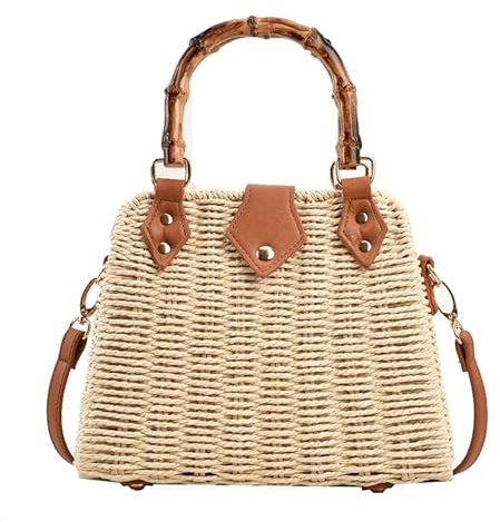 OWGSEE Straw Purses for Women Trendy Summer Woven Tote Bag Straw Basket Crossbody Wicker Purses and Handbags with Bamboo Handle, Beige