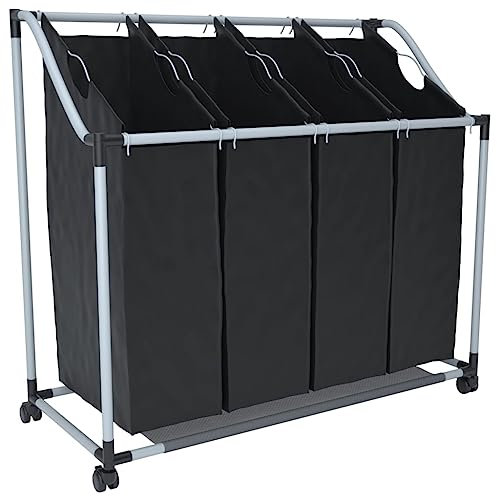 FOZICV 4 Fächer Schwarz Wäschekorb 96x40x73 cm Stahl Wäschesammler Organisierung Wäschereiraums Hauswirtschaftsraums und Schranks Handwagen mit Rollen und Griffen Leicht zu Bewegen