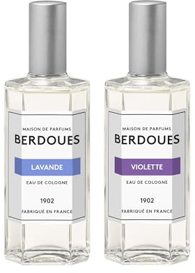 BERDOUES - Lot de 2-1902 Eau de Cologne Violette + 1902 Eau de Cologne Lavande. Fraîches et Florales, Made in France, Sans colorant Parfum femme et homme. Vaporisateur 125ml