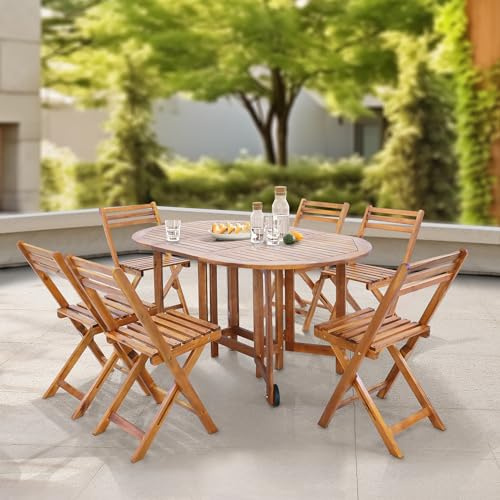 [en.casa] Gartenmöbelset Acerenza 7-TLG. Garten Essgruppe klappbar Gartentisch mit 6 Stühlen Sitzgarnitur Outdoor rollbarer Tisch Akazienholz geölt Klapptisch Klappstühle wetterfest für die Terrasse