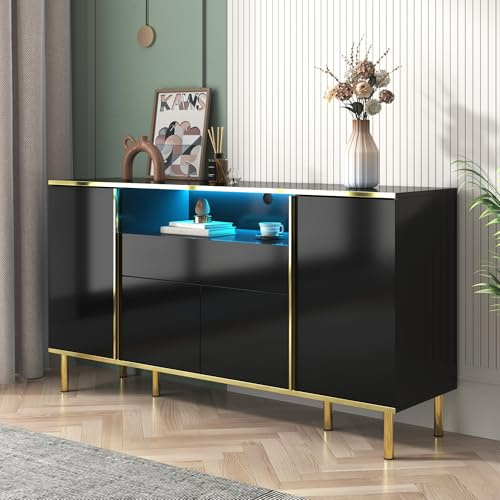 Goeria Sideboard, hochglänzende Schwarze Kommode mit 1 Schublade, Kommode, Schlafzimmerkommode, hochglänzendes schwarzes Sideboard – B150/T40/H80cm