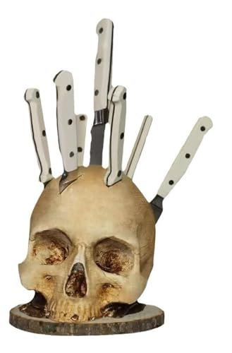 SOKTDO Totenkopf-Messerhalter for die Küche, Halloween-Messerblock aus Kunstharz mit Totenkopf ohne Messer, gruselige Party, Obstaufbewahrungsregal, Skelett-Dekoration