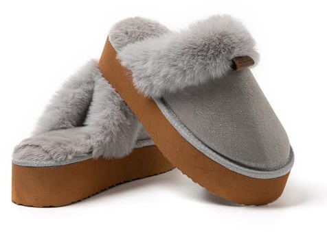 JOMIX Zapatillas Casa Mujer Invierno con Peluche Cálido Pantuflas Mujer Plataforma Zapatillas Mujer Casa Clásicas de Piel Sintética MD1038-4, Gris, 40-41 EU