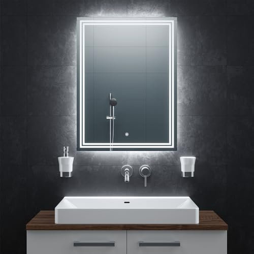 BR Bringer LED Badspiegel - 60x80 cm - Badezimmerspiegel mit Beleuchtung und Anti-Beschlag Funktion - Dimmbar, Energiesparend, 3 Lichtfarben, Touch-Schalter und Speicherfunktion (Modell: BRS107)
